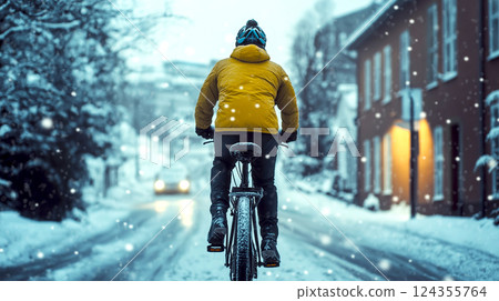 A man in red jacket ride a bicycle in Norway. Snow mountains and Winter season sport adventure 124355764