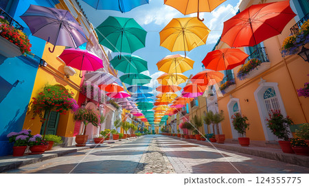 色彩繽紛的遮陽傘在天空中飄揚，街景充滿活力 124355775