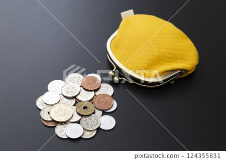 黑色背景中的皮夾和硬幣 124355831