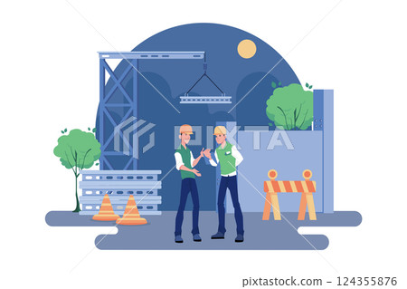 Construction site engineer doing routine standup Construction site engineer doing routine standup 124355876