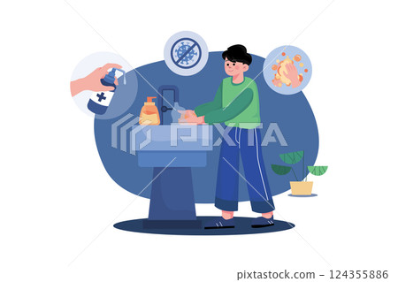 Boy sanitizes his hands illustration concept 124355886
