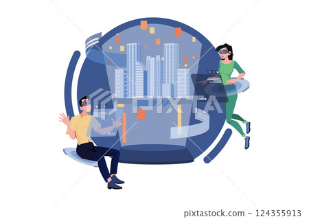 Couple working with 3D city model in the metaverse 124355913