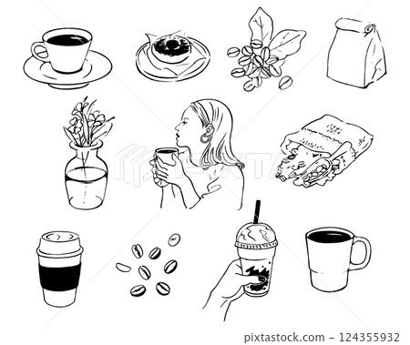 Stock Illustration: Person A woman drinking coffee and relaxing, cafe items Stock Illustration: Person A woman drinking coffee and relaxing, cafe items 124355932