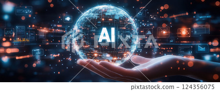 glowing digital sphere with AI text, surrounded by futuristic icons, rests on hand 124356075