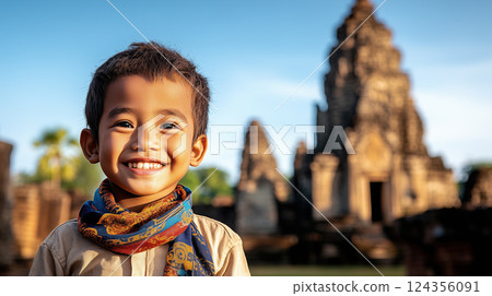 cheerful Cambodian boy smiling brightly in front of ancient temple at sunset 124356091