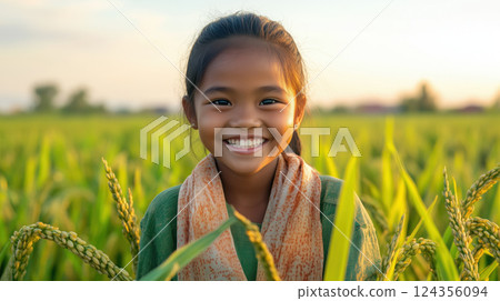 cheerful young girl smiling in lush green rice field during sunset 124356094
