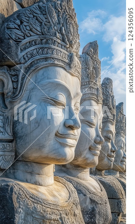 Stone statues of serene faces in traditional Khmer style, lined up under blue sky 124356095