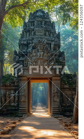 Ancient stone temple gate surrounded by lush forest, radiating serenity and history 124356097