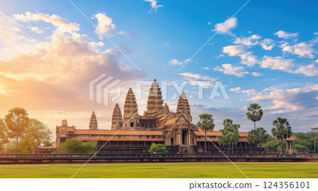 Ancient stone temple under vibrant sky, surrounded by lush greenery and palm trees 124356101