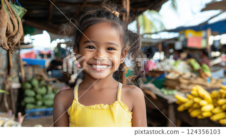 cheerful girl smiling brightly in vibrant market setting with fresh produce around 124356103
