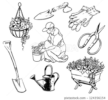 Stock Illustration: Person A woman enjoying gardening, plants and gardening items Stock Illustration: Person A woman enjoying gardening, plants and gardening items 124356154