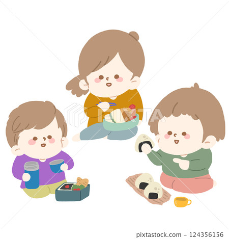 Linear illustration of three children eating lunch Linear illustration of three children eating lunch 124356156