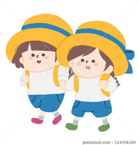 A line-less illustration of kindergarteners wearing hats, carrying backpacks and walking together holding hands 124356160