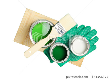 Eco-friendly painting supplies for wood, isolated on white, PNG 124356177