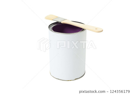 White paint can with a brush, isolated on white, PNG 124356179