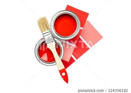 Red paint cans, brush, and swatches for home improvement, isolated on white, PNG 124356182