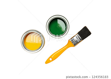 Two paint cans containing yellow and green paint, isolated on white, PNG Two paint cans containing yellow and green paint, isolated on white, PNG 124356183