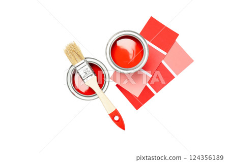 A paintbrush and two cans of paint with color samples, isolated on white, PNG 124356189