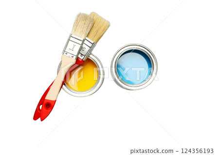 Two cans with yellow and blue paint and brushes, isolated on white, PNG 124356193