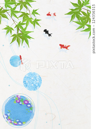 Japanese-style background material: Summer pattern of fluffy balls and goldfish 124356315