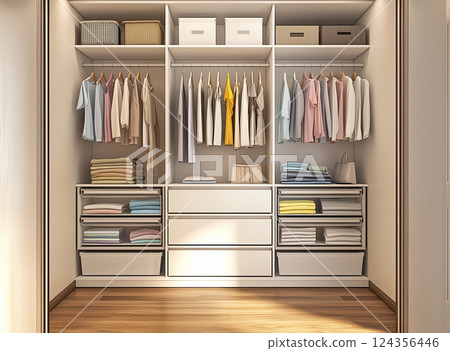 Tidy closet storage – simple and beautiful clothing organization 124356446