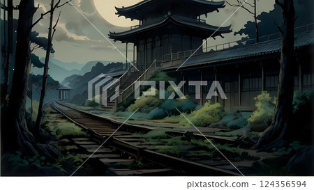 Game background: A scene of an abandoned local train station deep in the mountains 124356594