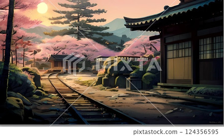 Game background: A scene of an abandoned local train station deep in the mountains 124356595
