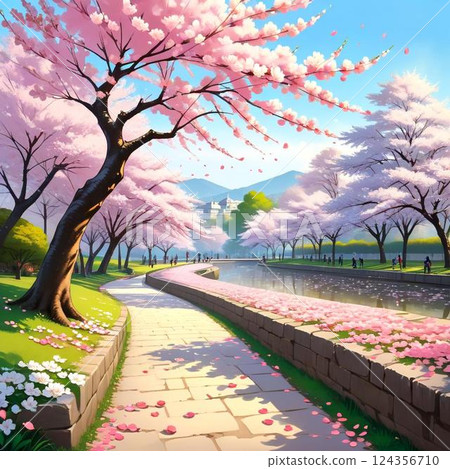 A riverside road with cherry blossoms in full bloom 124356710
