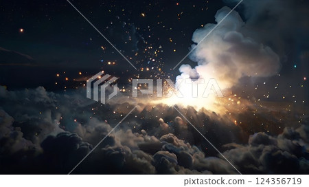Game background: Image of a galactic landscape with flames rising from clouds at the birth of the universe 124356719