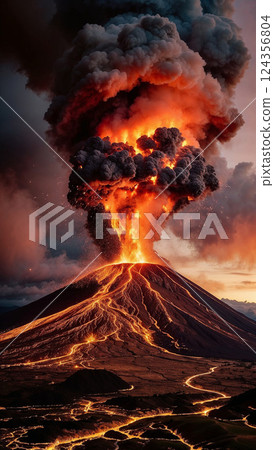 Majestic Lava Flow During Powerful Volcanic Eruption at Sunset captivating scene of an active volcanic eruption, showcasing molten lava, smoke plumes 124356804