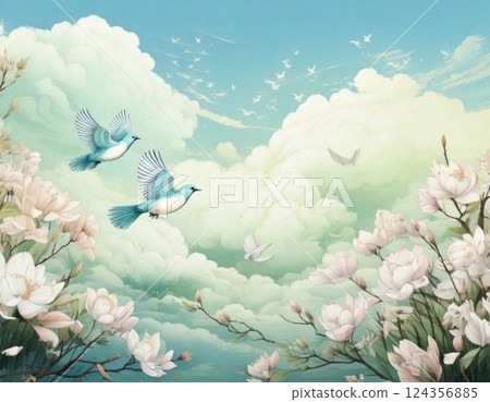 春天鳥兒在天空飛翔,玉蘭花盛開 春天鳥兒在天空飛翔,玉蘭花盛開 124356885