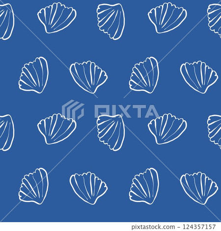 Hand drawn white sea shells scallops blue seamless pattern in doodle sketchy style on blue background. Line art sea shell vector background 124357157