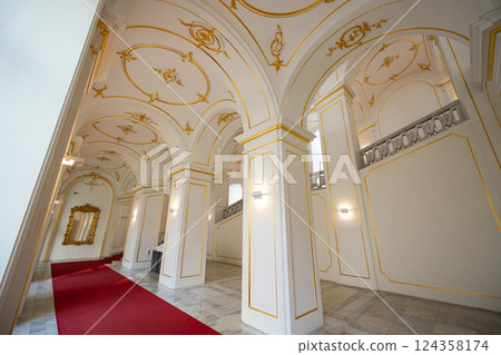 Interior of Bratislava Castle. Stone staircase and red carpet. Slovakia 124358174