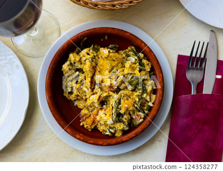 Scrambled eggs served with ham for breakfast Scrambled eggs served with ham for breakfast 124358277