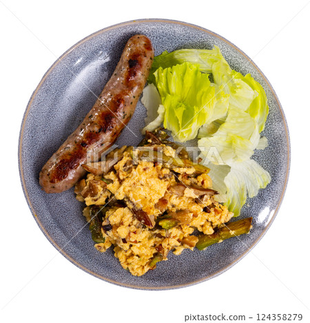 Scrambled eggs with mushrooms, chicken fillet and asparagus with sausages are served on plate Scrambled eggs with mushrooms, chicken fillet and asparagus with sausages are served on plate 124358279