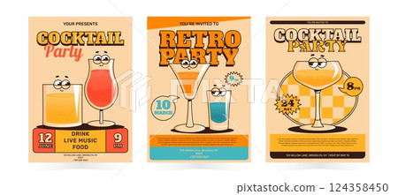 Groovy character cocktails. Set retro party invitation poster, flyer with alcoholic or nonalcoholic drinks. Vintage vector illustration for cafe, bar, pub Groovy character cocktails. Set retro party invitation poster, flyer with alcoholic or nonalcoholic drinks. Vintage vector illustration for cafe, bar, pub 124358450
