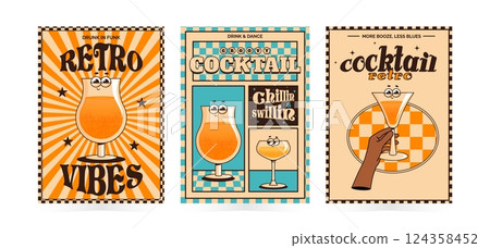 Groovy character cocktails. Set retro poster, flyer with alcoholic or nonalcoholic drinks. Vintage vector illustration 70s, 80s style for cafe, bar, pub 124358452