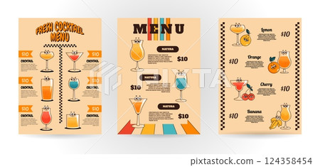 Retro groovy character summer drinks. Cocktail menu with cute beverage in glasses. Vector design set for pub, cafe, club, restaurant 124358454