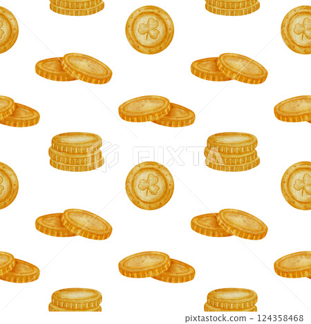 Hand drawn watercolor seamless pattern with gold coins. Realistic style, warm golden tones. Perfect for St Patrick's Day, games, treasure themes, prints, stickers, greeting cards, scrapbooking, decor. Hand drawn watercolor seamless pattern with gold coins. Realistic style, warm golden tones. Perfect for St Patrick's Day, games, treasure themes, prints, stickers, greeting cards, scrapbooking, decor. 124358468
