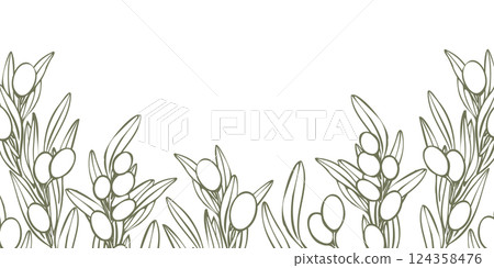 Vector frame with olive tree branch with leaves and fruit. Hand drawn outline floral illustration template, contours without color fill for logo, package design, greetings, wallpapers, print, fabric 124358476