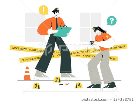 Crime Scene Investigation Illustration Featuring a Team of Investigators Collecting Crime Evidence and Examining a Victim's Death Incident Crime Scene Investigation Illustration Featuring a Team of Investigators Collecting Crime Evidence and Examining a Victim's Death Incident 124358791