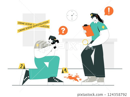 Crime Scene Investigation Illustration Featuring a Team of Investigators Collecting Crime Evidence and Examining a Victim's Death Incident 124358792