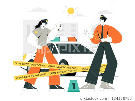 Crime Scene Investigation Illustration Featuring a Team of Investigators Collecting Crime Evidence and Examining a Victim's Death Incident Crime Scene Investigation Illustration Featuring a Team of Investigators Collecting Crime Evidence and Examining a Victim's Death Incident 124358793