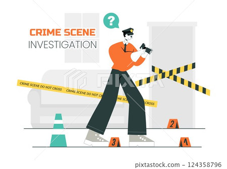 Crime Scene Investigation Illustration Featuring a Team of Investigators Collecting Crime Evidence and Examining a Victim's Death Incident 124358796