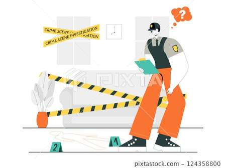 Crime Scene Investigation Illustration Featuring a Team of Investigators Collecting Crime Evidence and Examining a Victim's Death Incident 124358800