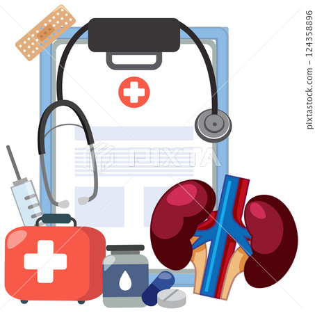 Medical Tools and Kidney Health Illustration 124358896