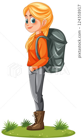 Adventurous Girl with Backpack Outdoors Adventurous Girl with Backpack Outdoors 124358917