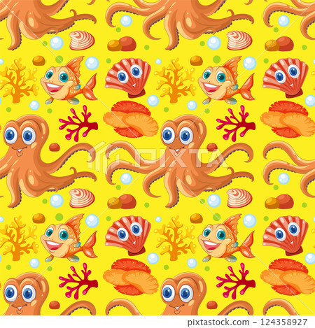 Colorful Underwater Creatures Seamless Pattern Colorful Underwater Creatures Seamless Pattern 124358927