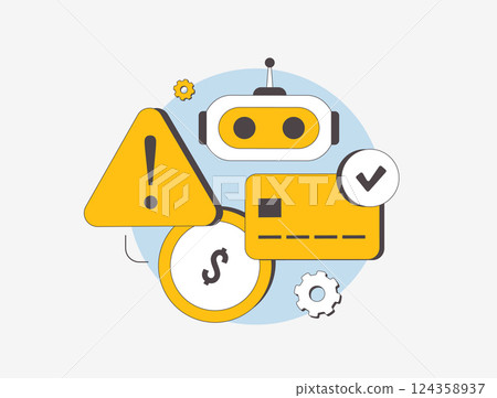 AI-powered AML monitoring and fraud detection with machine learning for compliance, transaction analysis, risk management and security in financial services. Ai aml vector illustration and icons AI-powered AML monitoring and fraud detection with machine learning for compliance, transaction analysis, risk management and security in financial services. Ai aml vector illustration and icons 124358937