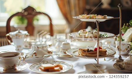 Elegant table setting for tea party with cakes and cupcakes in English manor. Selective focus. Vintage style 124359257